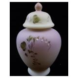 FENTON Burmese Hand painted Floral & Butterfly Temple Jar. ***Convention Piece***