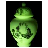 FENTON Burmese Hand painted Floral & Butterfly Temple Jar. ***Convention Piece***