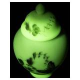 FENTON Burmese Hand painted Floral & Butterfly Temple Jar. ***Convention Piece***