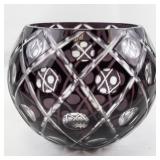 Large Bohemian Cut-To-Clear Purple Amethyst Cross Hatch Rose Bowl.