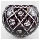Large Bohemian Cut-To-Clear Purple Amethyst Cross Hatch Rose Bowl.
