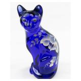 FENTON Colbalt Blue Hand painted Floral Sitting Cat Figurine.