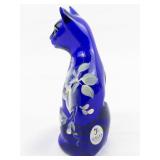 FENTON Colbalt Blue Hand painted Floral Sitting Cat Figurine.