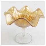 4" Carnival Glass Imperial Marigold Stemmed Pedestal Compote Dish with Leaf Design