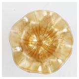 4" Carnival Glass Imperial Marigold Stemmed Pedestal Compote Dish with Leaf Design