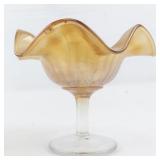 4" Carnival Glass Imperial Marigold Stemmed Pedestal Compote Dish with Leaf Design