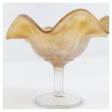 4" Carnival Glass Imperial Marigold Stemmed Pedestal Compote Dish with Leaf Design