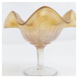 4" Carnival Glass Imperial Marigold Stemmed Pedestal Compote Dish with Leaf Design