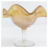 4" Carnival Glass Imperial Marigold Stemmed Pedestal Compote Dish with Leaf Design