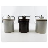 Group of Three Brown & Grey Crocks with Lids -All functional with Original Rubber Seals