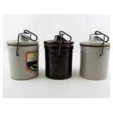 Group of Three Brown & Grey Crocks with Lids -All functional with Original Rubber Seals