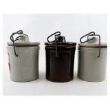 Group of Three Brown & Grey Crocks with Lids -All functional with Original Rubber Seals