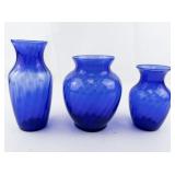 Group of 3 Twisted Cobalt Blue Vases.