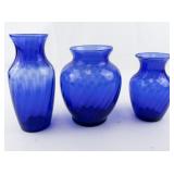 Group of 3 Twisted Cobalt Blue Vases.