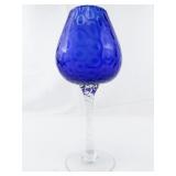 EMPOLI Italy Cobalt Blue Optic Long Twisted Stem Thumbprint Coin Glass Chalice
