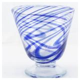 Hand Blown Cobalt Blue & Clear Swirl Footed Drinking Glass.