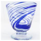 Hand Blown Cobalt Blue & Clear Swirl Footed Drinking Glass.