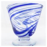 Hand Blown Cobalt Blue & Clear Swirl Footed Drinking Glass.