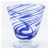 Hand Blown Cobalt Blue & Clear Swirl Footed Drinking Glass.