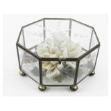 Capodimonte Porcelain Flowers in Glass Octagon Etched Floral Trinket Box.