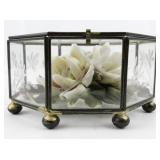 Capodimonte Porcelain Flowers in Glass Octagon Etched Floral Trinket Box.
