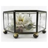 Capodimonte Porcelain Flowers in Glass Octagon Etched Floral Trinket Box.