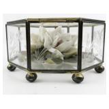 Capodimonte Porcelain Flowers in Glass Octagon Etched Floral Trinket Box.