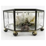 Capodimonte Porcelain Flowers in Glass Octagon Etched Floral Trinket Box.