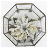 Capodimonte Porcelain Flowers in Glass Octagon Etched Floral Trinket Box.