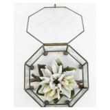 Capodimonte Porcelain Flowers in Glass Octagon Etched Floral Trinket Box.