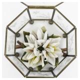 Capodimonte Porcelain Flowers in Glass Octagon Etched Floral Trinket Box.