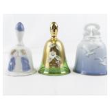 Group of Three Bells: Moser Bohemian Crystal Czechoslovakia Handmade Heavy Gold Glint Dinner Bell, BING & GRONDAHL Seagull Bell. & TREASURE MASTERS Angels Kissing Bell.