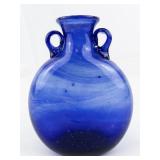 HAND BLOWN Cobalt Blue Glass Double handle Art Glass Bottle/Vase