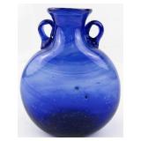HAND BLOWN Cobalt Blue Glass Double handle Art Glass Bottle/Vase
