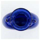 HAND BLOWN Cobalt Blue Glass Double handle Art Glass Bottle/Vase
