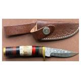 Custom Made Antler Handle Damascus Knife with Leather Sheath