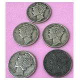 Lot of 5 Mercury Dimes