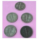Lot of 5 Mercury Dimes