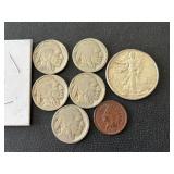 Half Dollar, Buffalo Nickels, Indian Head Cent, Miniature St. Gaudens Coin