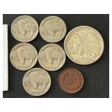 Half Dollar, Buffalo Nickels, Indian Head Cent, Miniature St. Gaudens Coin
