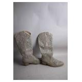 Pair of Beige Western Cowboy Boots with Rhinestone Design