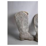 Pair of Beige Western Cowboy Boots with Rhinestone Design