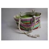 Coach Striped Tote Bag with Leather Accents and Charm
