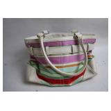 Coach Striped Tote Bag with Leather Accents and Charm
