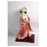 Vintage Japanese Geisha Doll in Kimono on Wooden Base