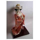 Vintage Japanese Geisha Doll in Kimono on Wooden Base