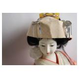 Vintage Japanese Geisha Doll in Kimono on Wooden Base