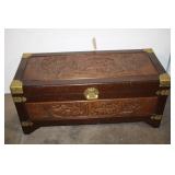 Antique Carved Wooden Storage Chest with Brass Accents