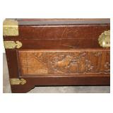 Antique Carved Wooden Storage Chest with Brass Accents