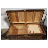 Antique Carved Wooden Storage Chest with Brass Accents